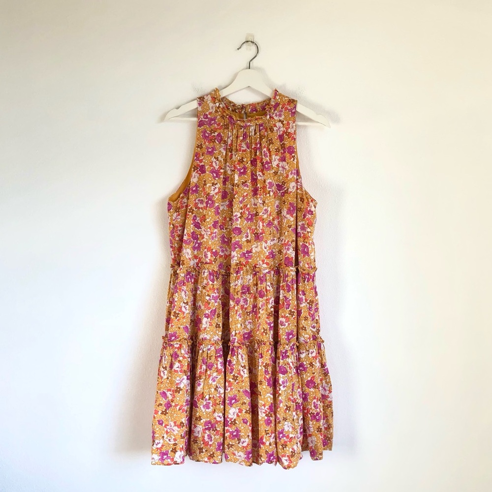 Ann Taylor Marigold Yellow Purple Floral High Neck Ruffle Tiered Dress Sz Large